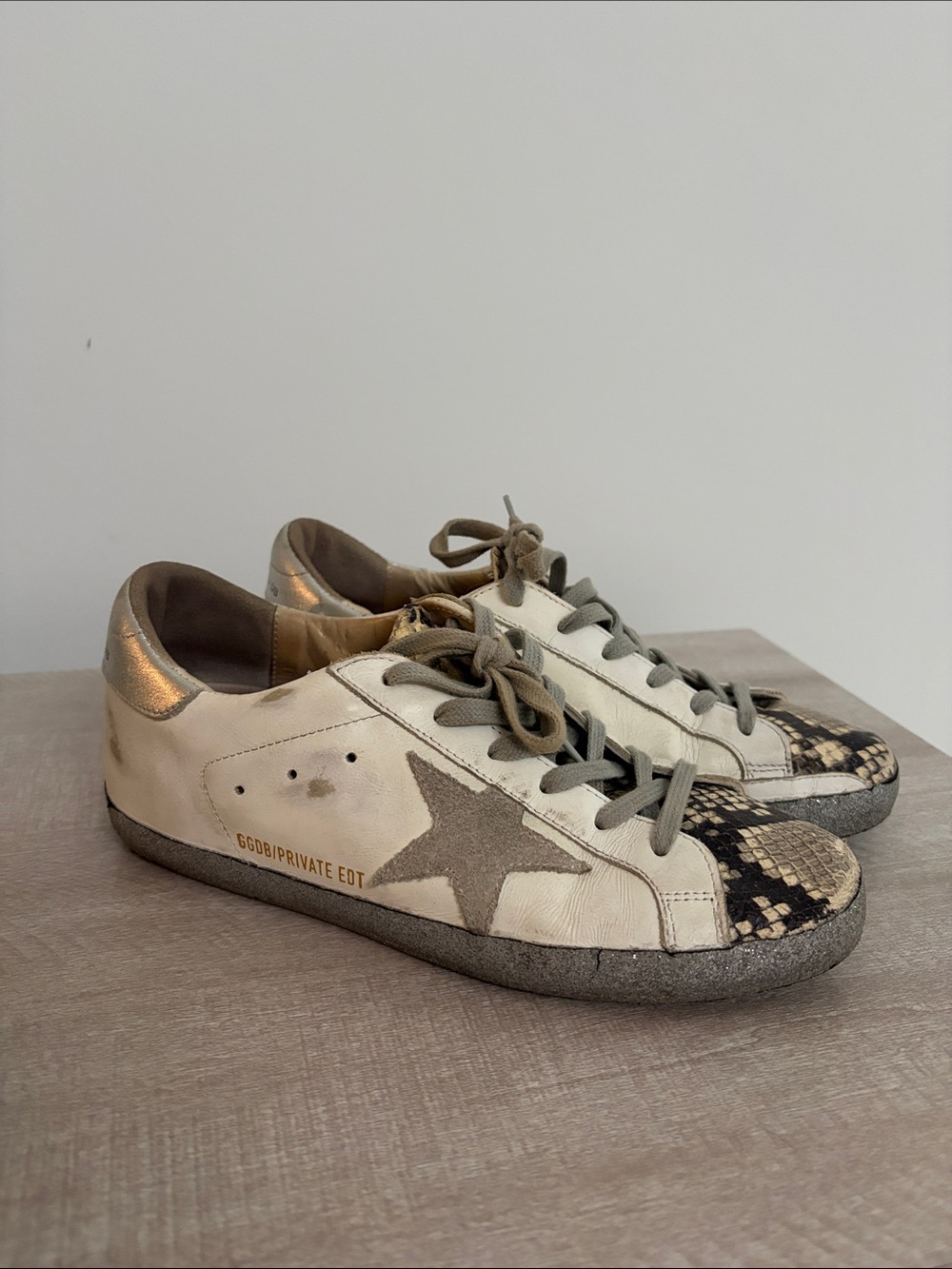 Golden Goose White Leather Sneakers with Snake-Print Toe
